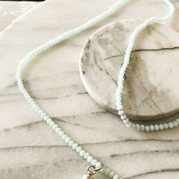 Semiprecious Stone Necklace Beaded Light Blue Tassel Accent Pendant Boho Earthy - Picture 3 of 4